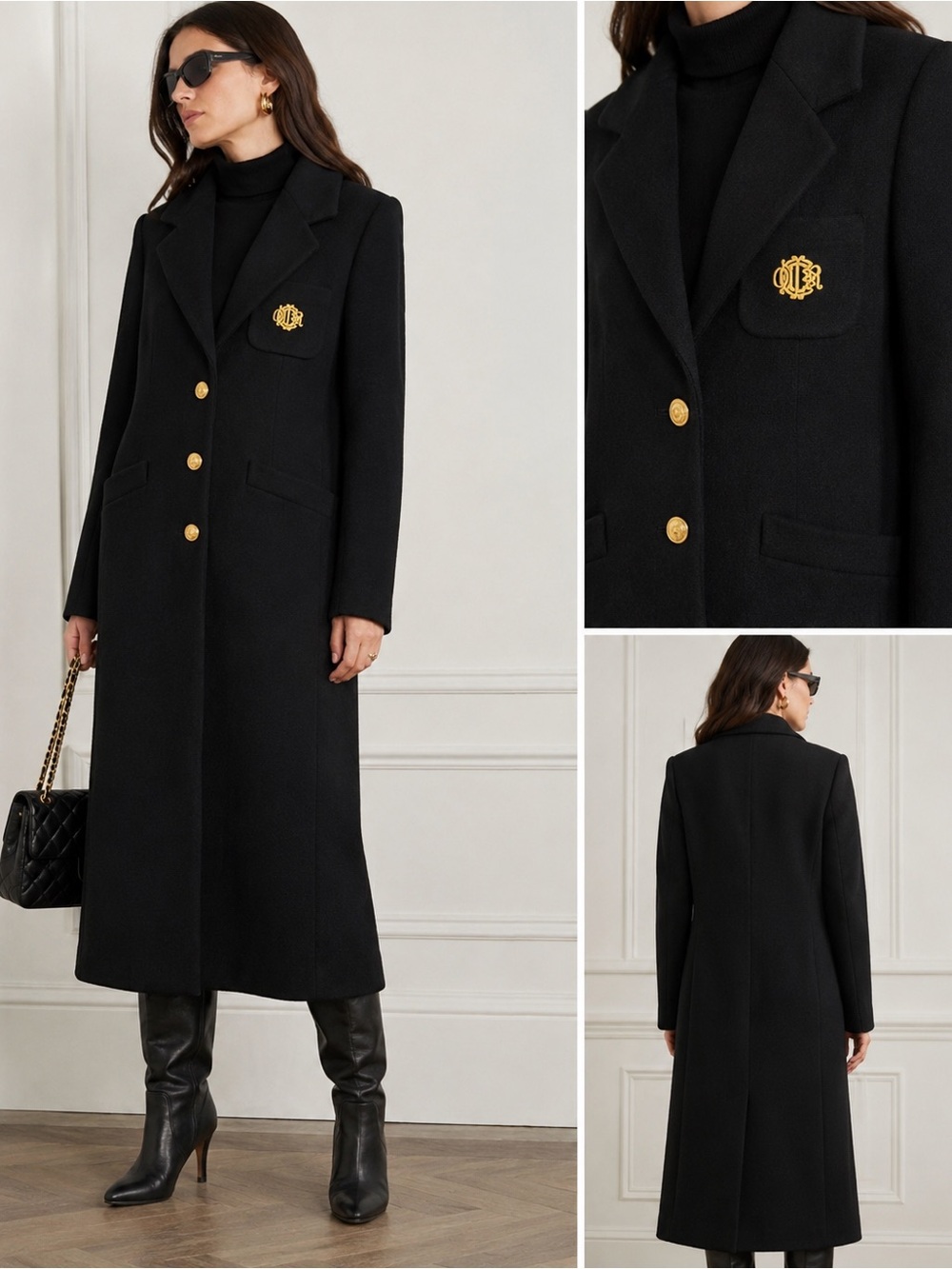 Auth DIOR Black Single-Breasted Wool Coat Gold Logo & Button Vintage med 10